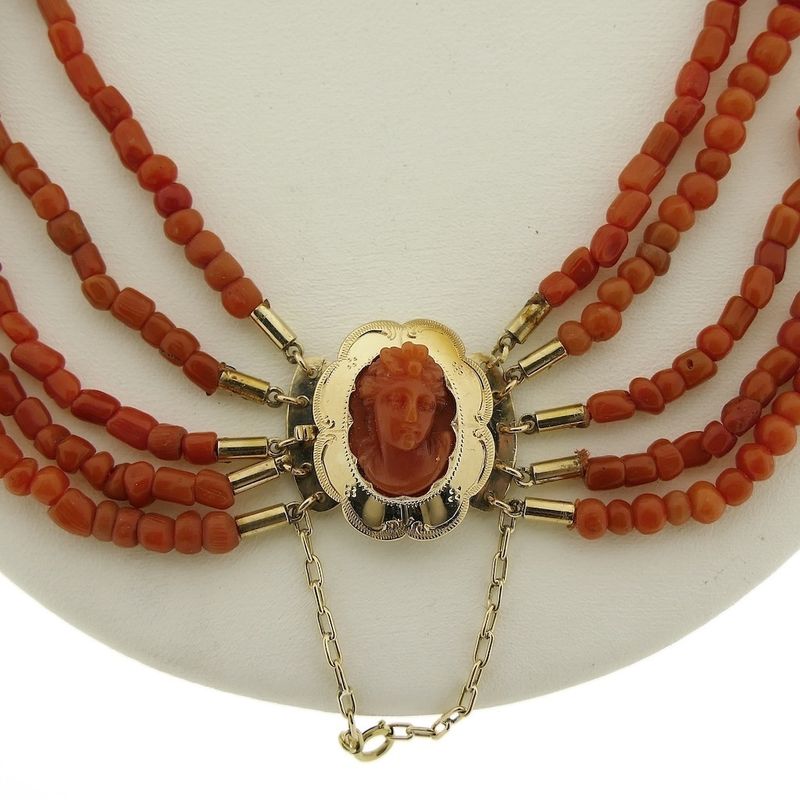 Image 3 of Antique blood coral bead necklace with gold clasp