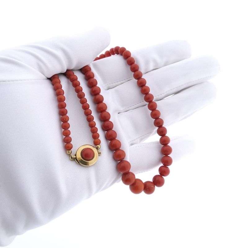 Image 9 of Antique blood coral bead necklace with gold decorative clasp.