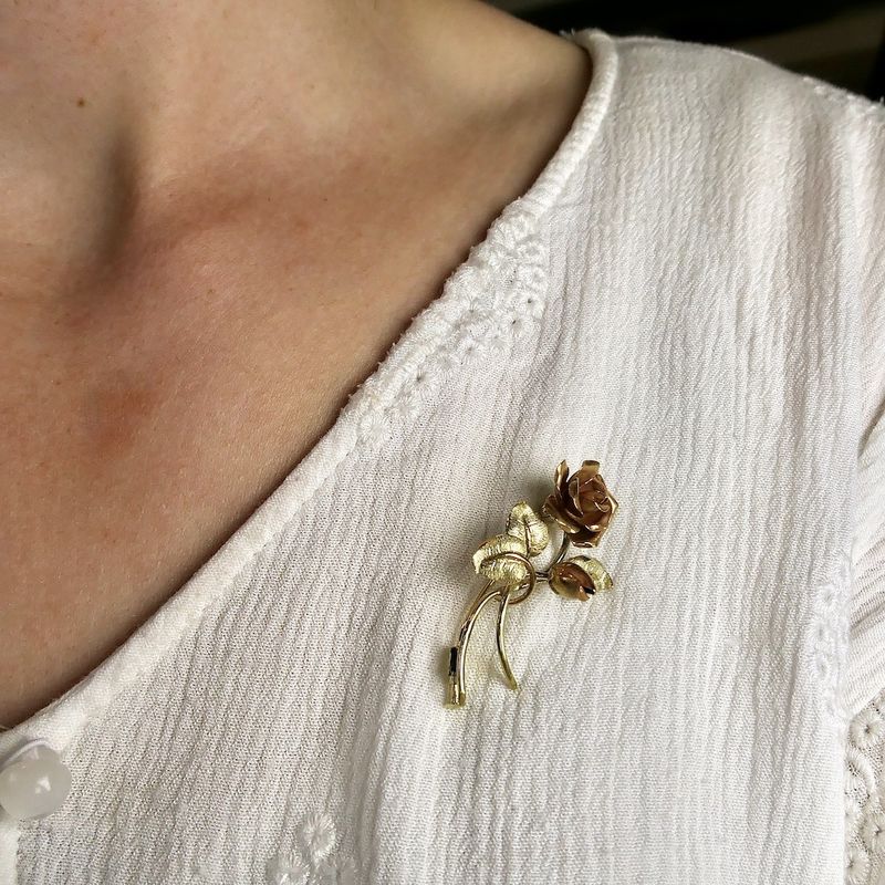 Image 8 of Vintage two-tone gold brooch of a rose