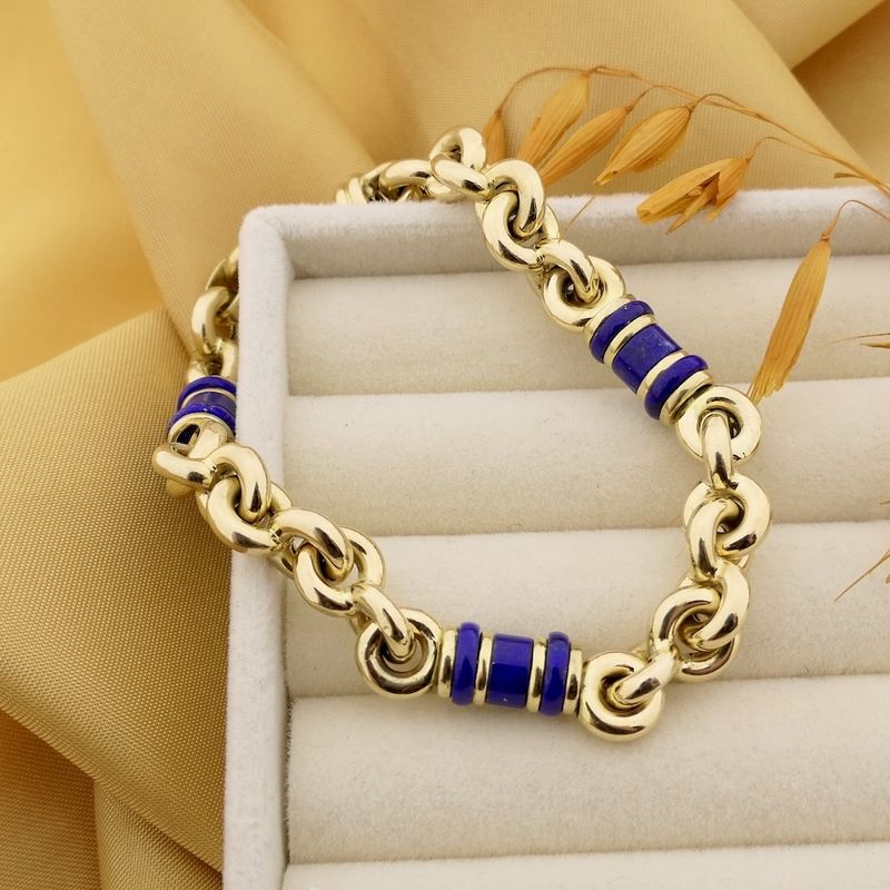 Image 2 of Vintage gold jasseron link bracelet with lapis lazuli