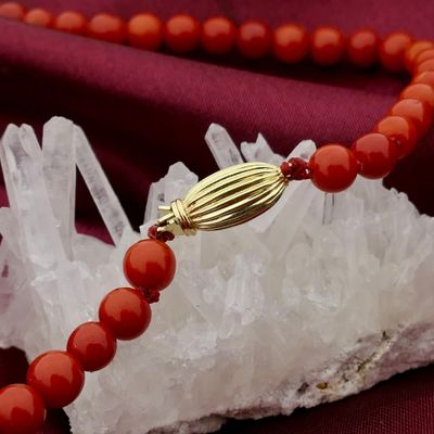 Image 2 of Antique blood coral bead necklace with gold decorative clasp