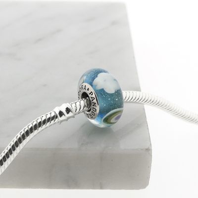 Image 2 of Pandora charm; Silver; Blue Sky Murano glass