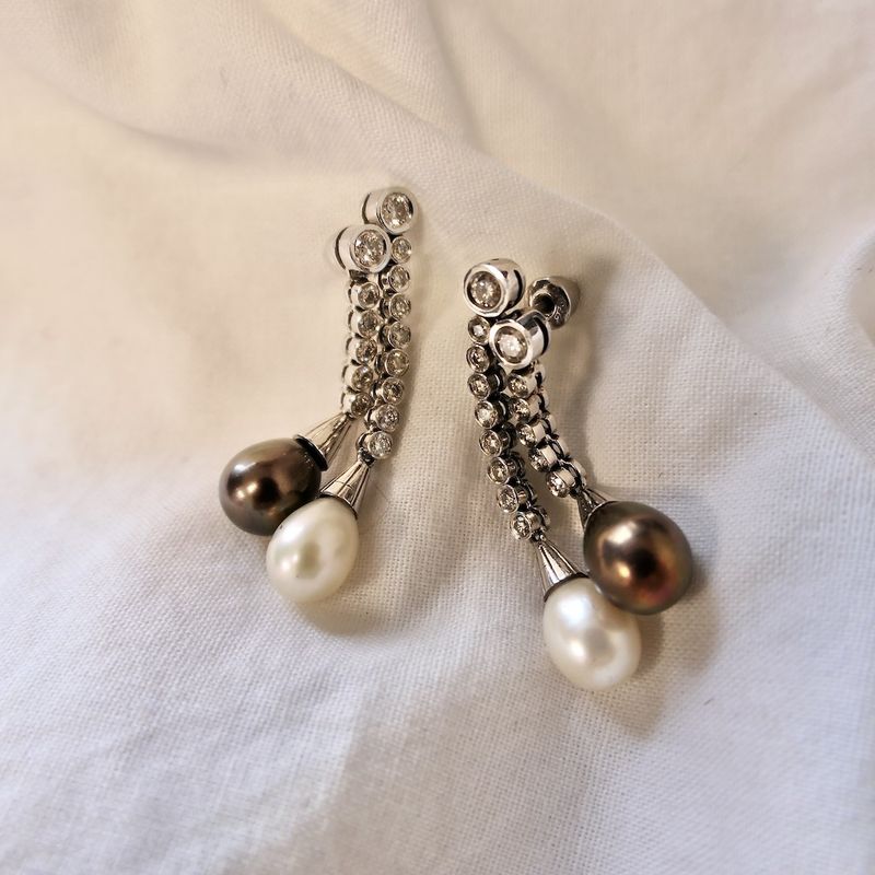 Image 2 of White gold entourage earrings with pearl and diamonds; 1.18 ct.
