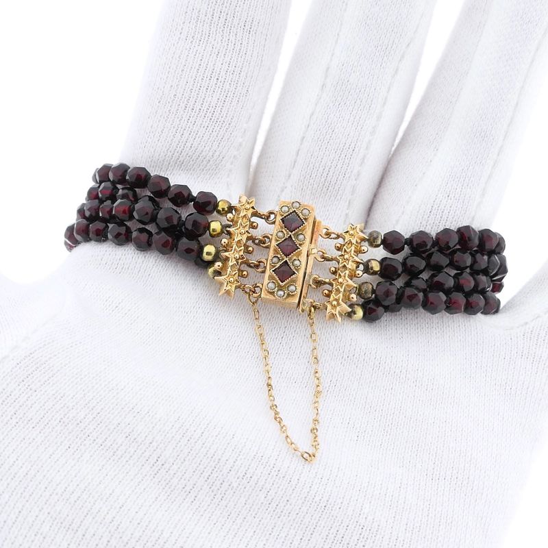 Image 8 of Antique garnet bead bracelet with gold decorative clasp with pearl