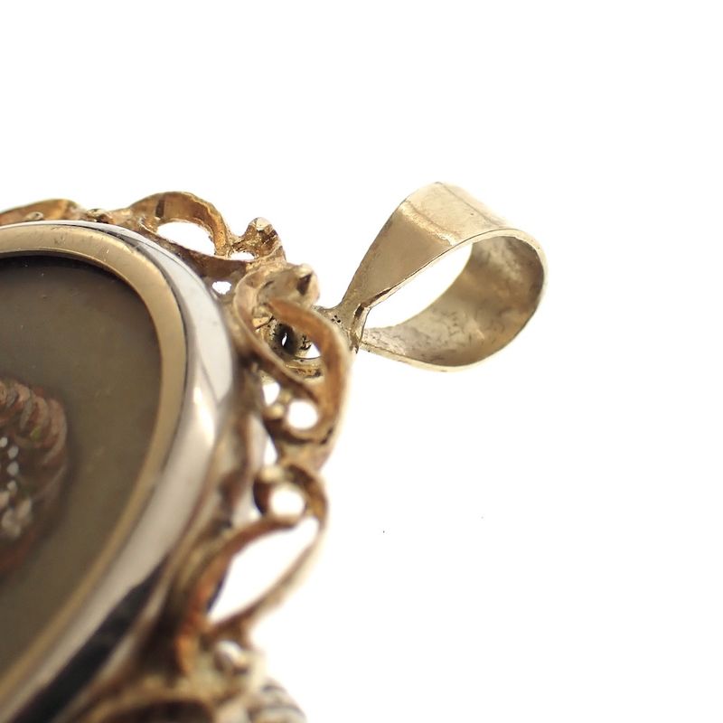 Image 7 of Vintage two-tone gold pendant/brooch with a painted portrait and diamonds; 0.015 ct.