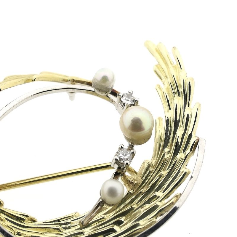 Image 3 of Vintage two-tone gold brooch with pearl and diamonds; 0.06 ct.