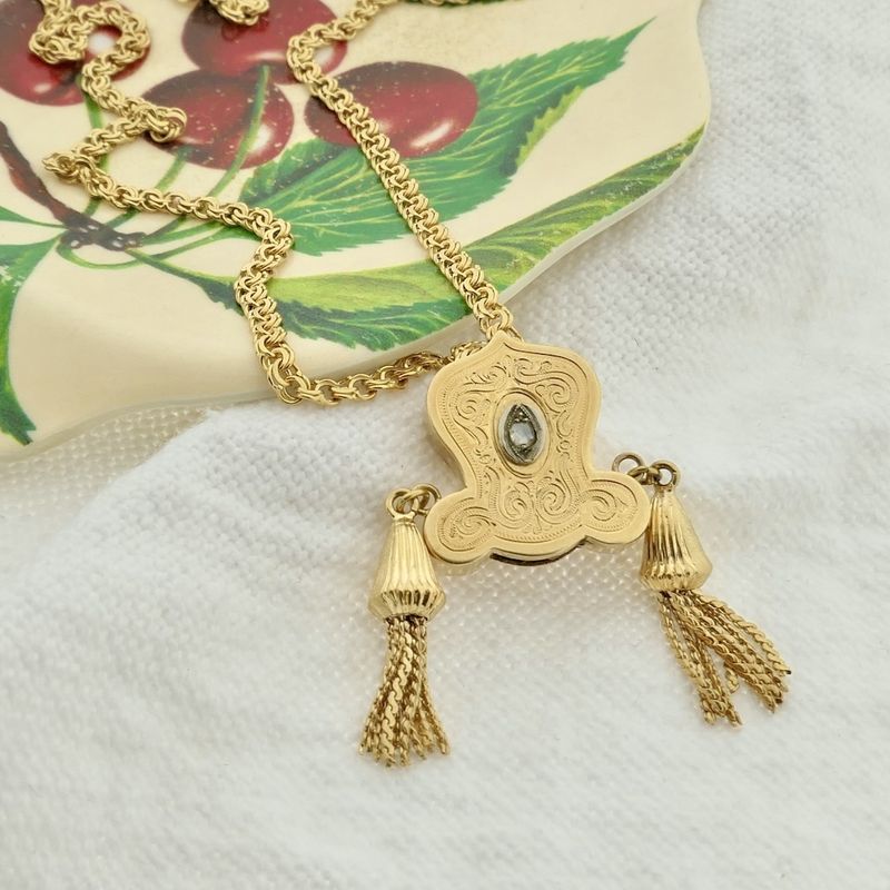 Image 8 of Antique gold sliding chain with tassels and diamond; approx. 0.05 ct.