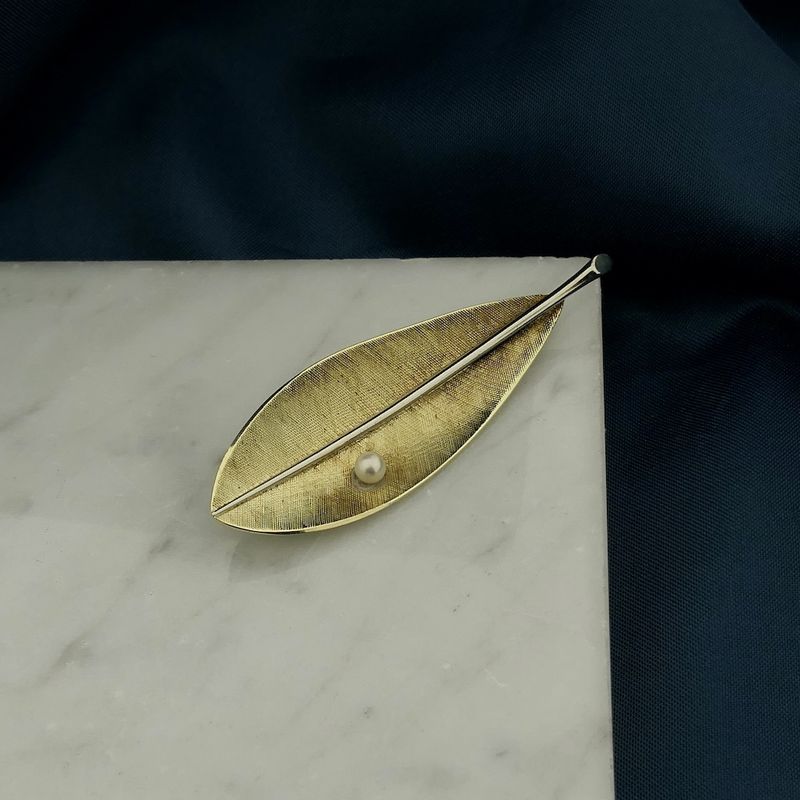 Image 2 of Two-tone gold brooch of a leaf with pearl