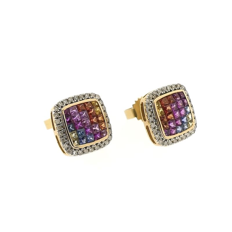 Image 3 of Gold stud earrings with colored sapphire and diamonds | 0.30 ct.