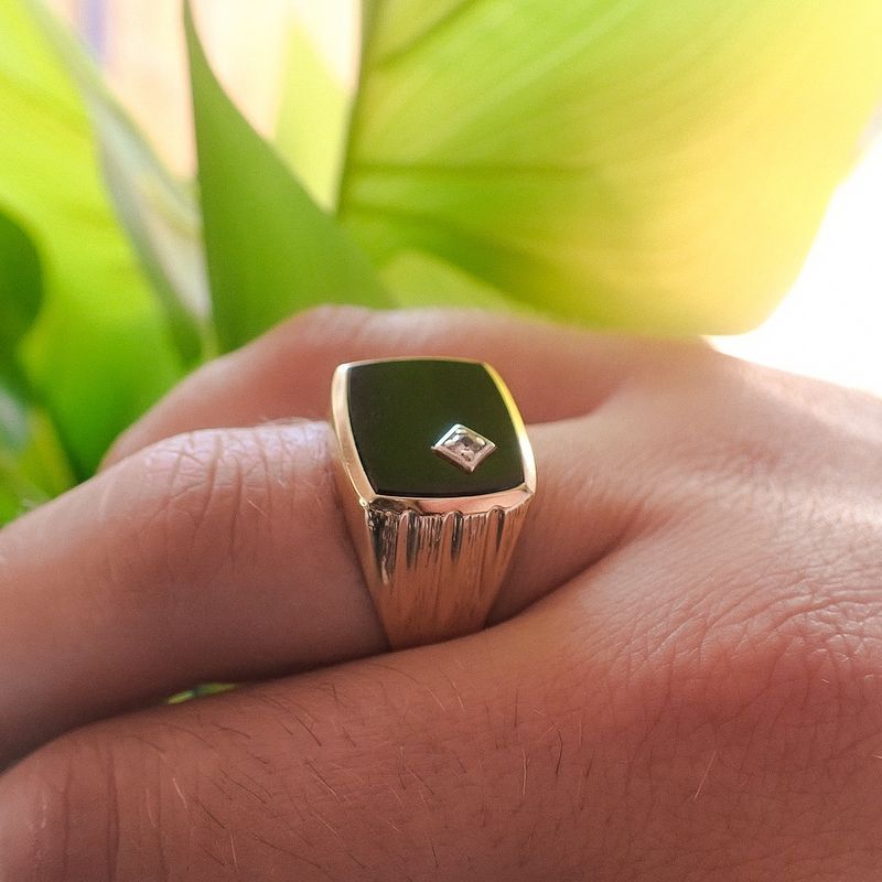 Image 4 of 8K Large Men's Signet Ring | Onyx and Zirconia