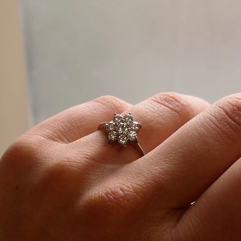 Image 8 of 14K White Gold Flower Ring with Diamond; Size 17.5