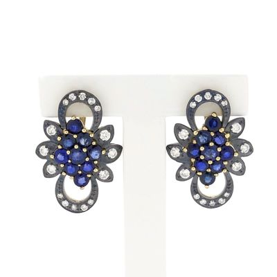 Image 1 of Gold/silver earrings with sapphire and diamond; Approx. 0.51 ct.