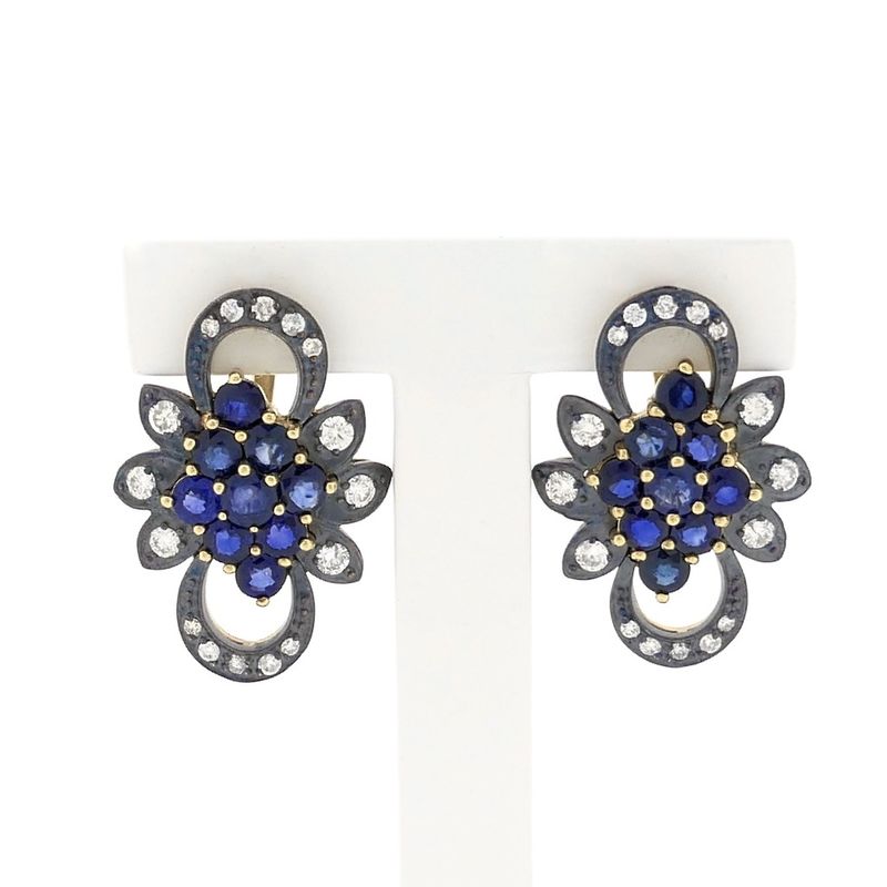 Image 1 of Gold/silver earrings with sapphire and diamond; Approx. 0.51 ct.