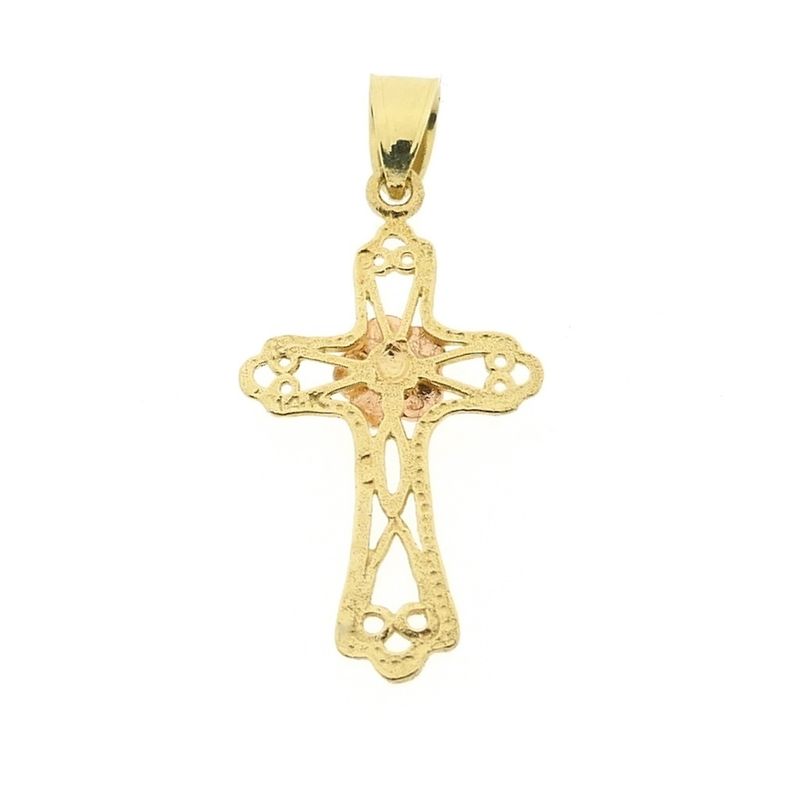 Image 9 of Two-tone gold pendant of a cross with a rose