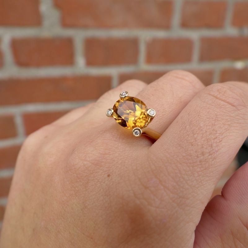 Image 9 of Gold solitaire ring with citrine and diamond; 0.08 ct.