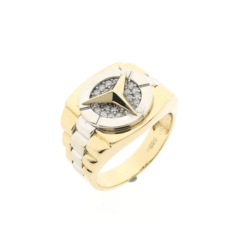Image 1 of Bicolor Gold Mercedes Benz Men's Ring with Zirconia