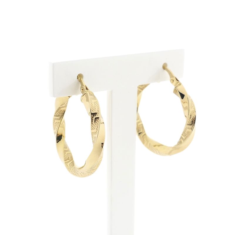 Image 3 of Gold twisted hoop earrings with Greek symbols; Ø 25.5 mm
