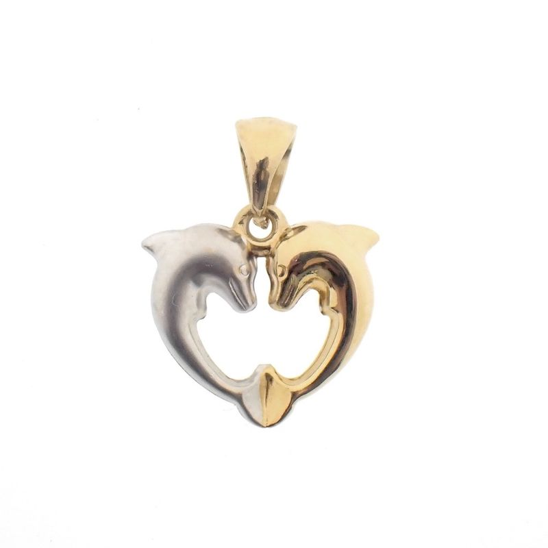 Image 3 of Two-tone gold pendant of two dolphins with diamond | 0.005 ct.