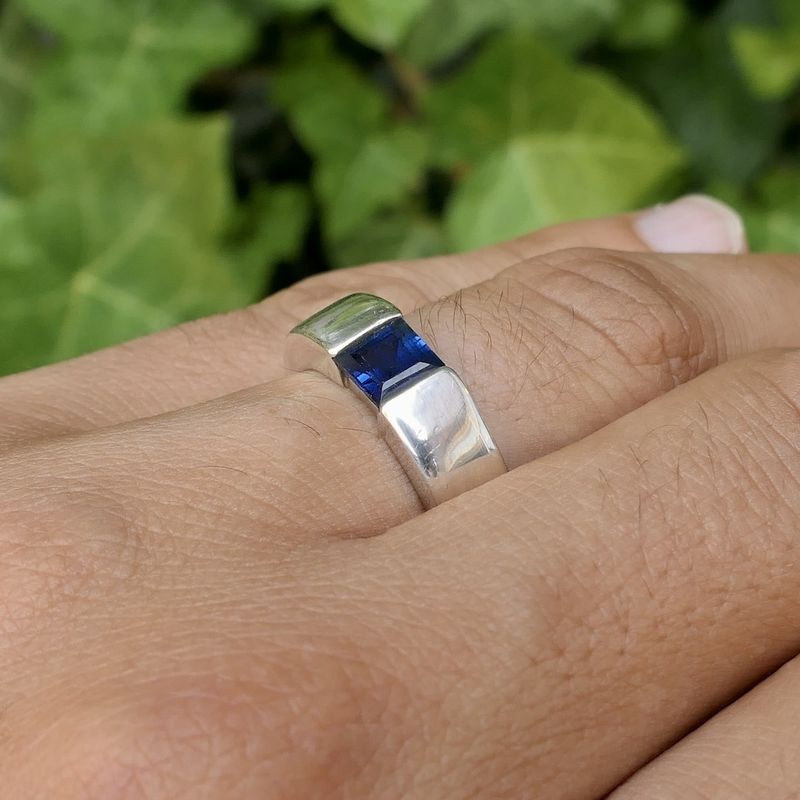 Image 10 of Silver ring with synthetic sapphire.
