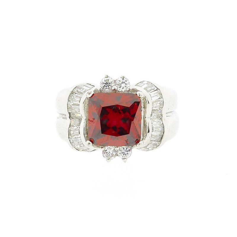 Image 3 of Silver cluster ring with red zirconia.