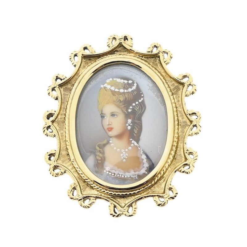 Image 1 of Vintage gold pendant/brooch with painted portrait and diamond 0.010 ct.