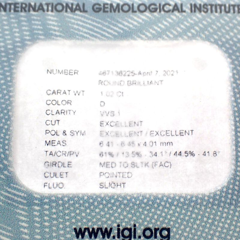 Image 5 of 1.02 ct. Brilliant cut diamond D VVS 1 + IGI Certificate