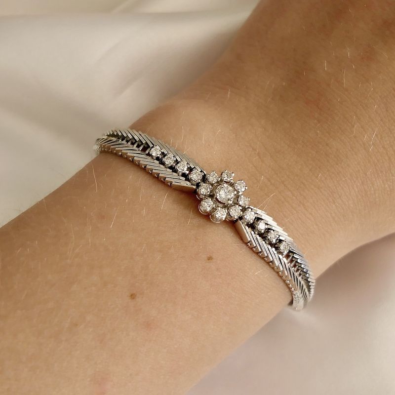 Image 12 of White gold herringbone link bracelet with 1.00 ct. diamonds.