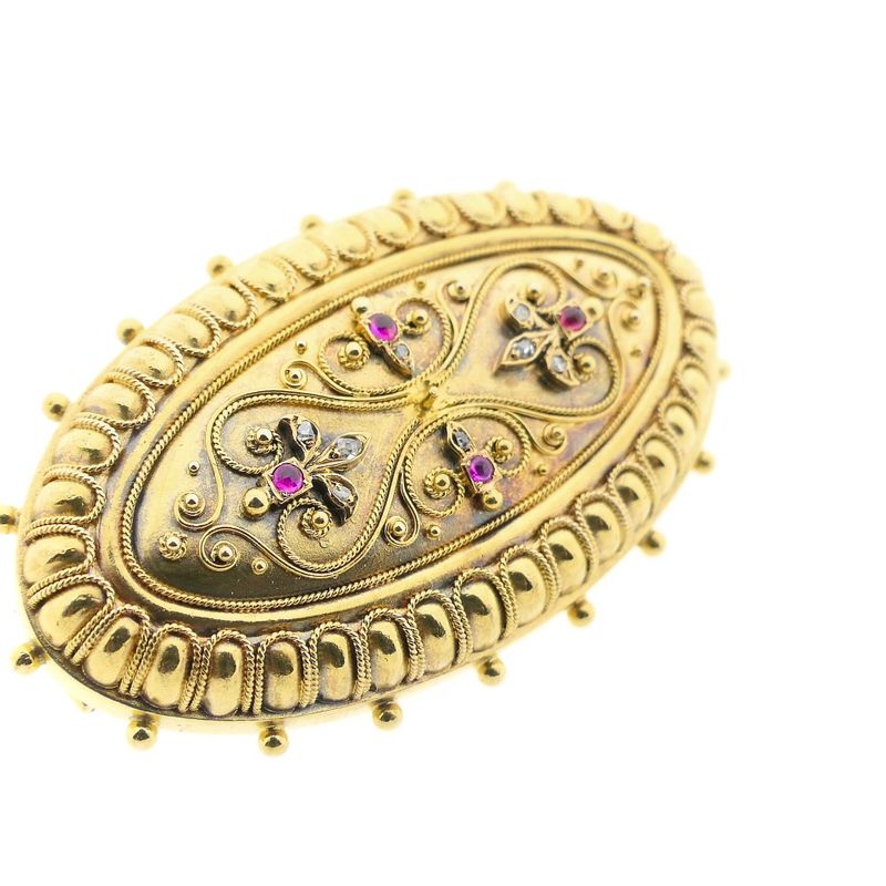 Image 7 of Antique gold Victorian brooch with ruby ​​and diamonds; 0.04 ct.