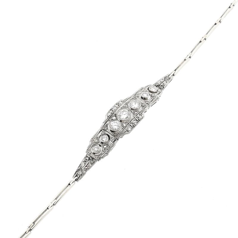 Afbeelding 12 van Witgouden Art-deco armband met diamanten; Ca. 1,29 ct. | 19 cm