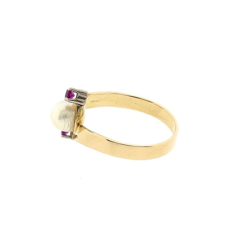 Image 7 of Gold Ring with Cultured Pearl and Ruby; 14K; Size 18.25