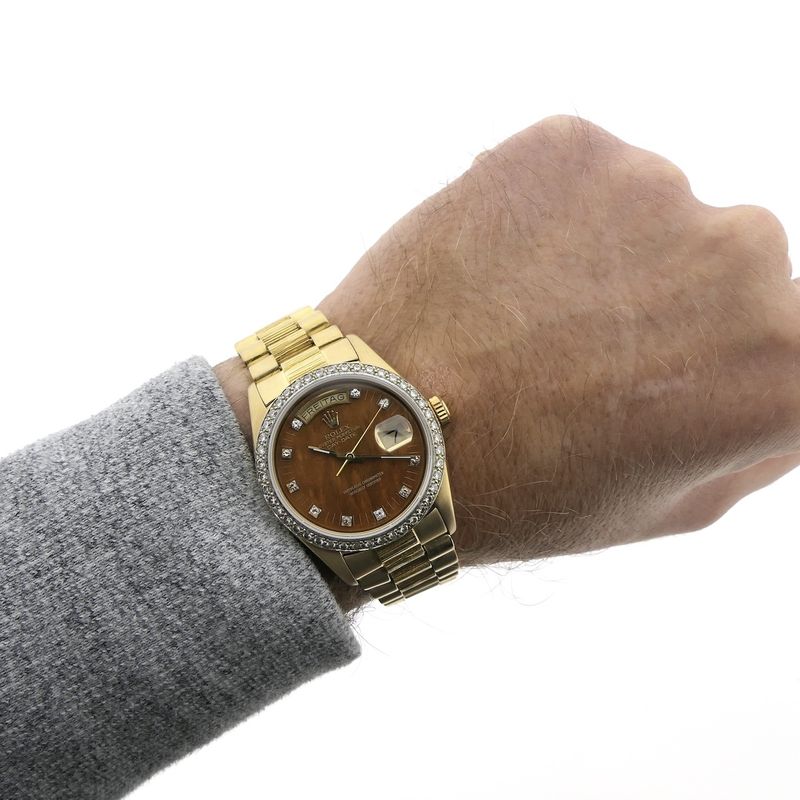 Image 13 of Rolex Day-Date 'Wood Dial' 18038; 18k gold men's watch with diamonds