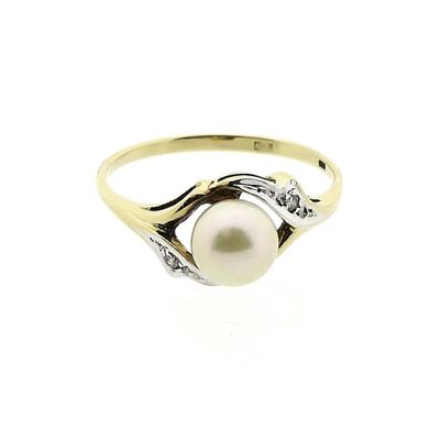 Image 2 of Gold ring with pearl and diamonds; 0.02 ct.