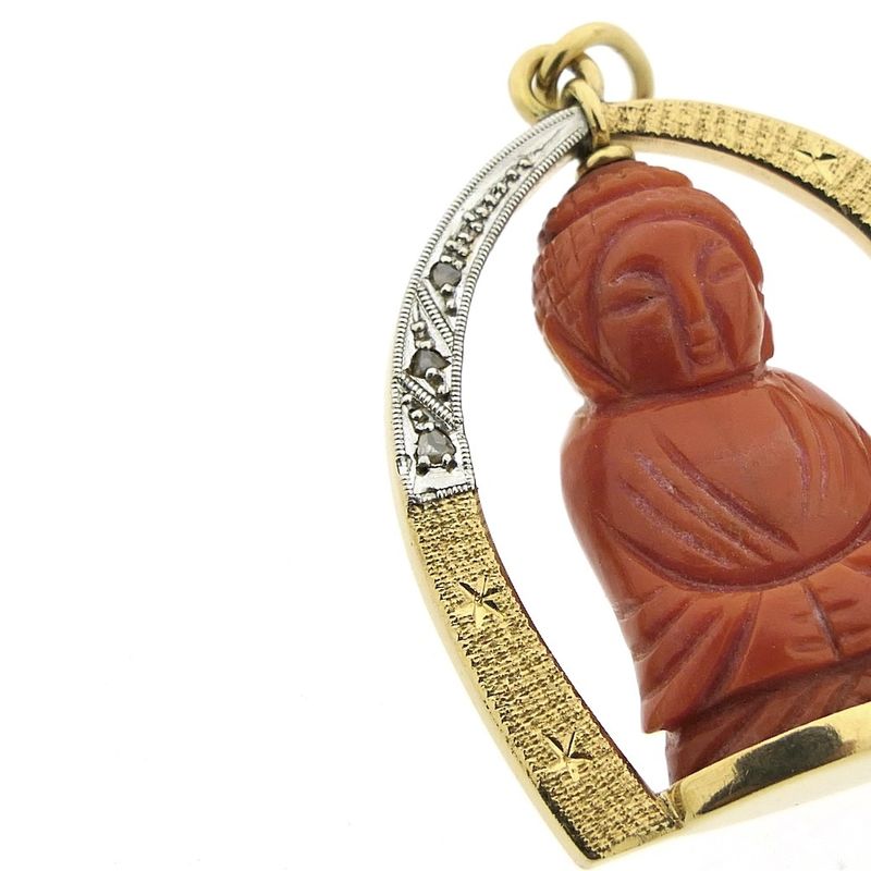 Image 7 of 18-karat two-tone gold Buddhist pendant with blood coral and diamond | approx. 0.08 ct.