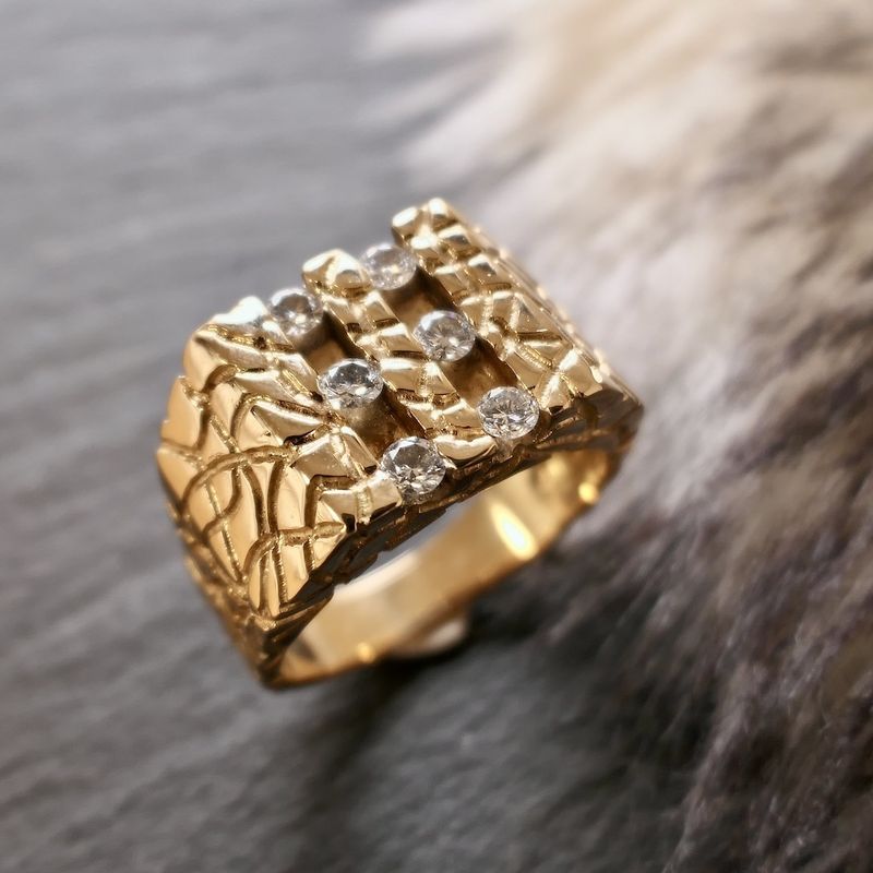 Image 2 of Gold men's nugget ring with 0.72 ct diamond.