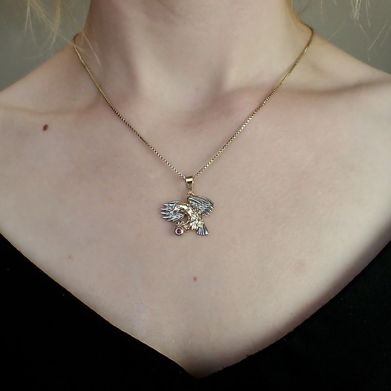 Image 5 of Two-tone gold pendant of Eagle with ruby