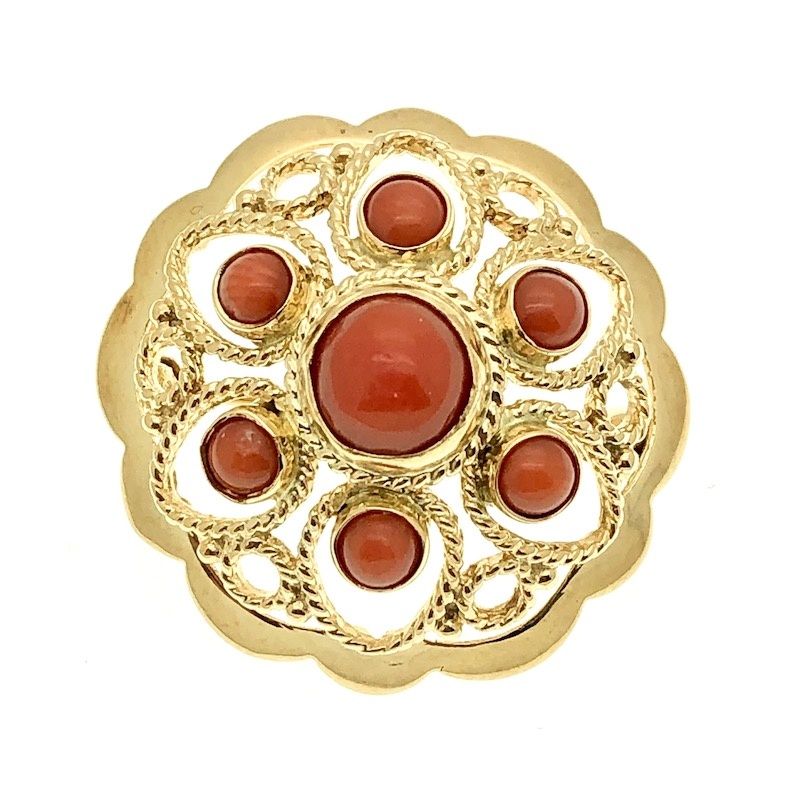 Image 1 of Antique gold brooch with red coral; filigree