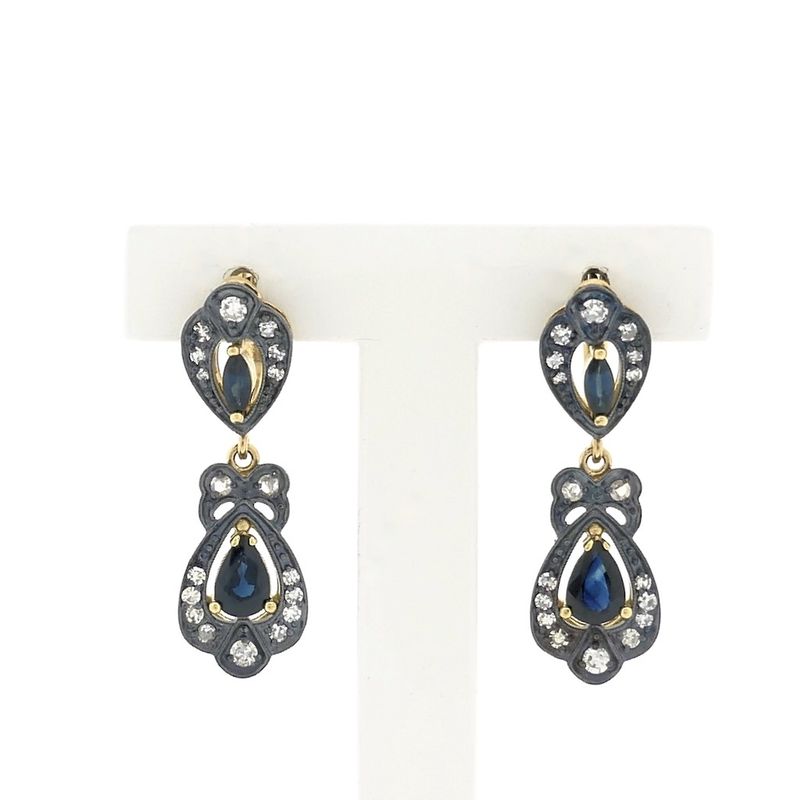 Image 1 of Gold/silver earrings with sapphire and diamond; Approx. 0.52 ct.