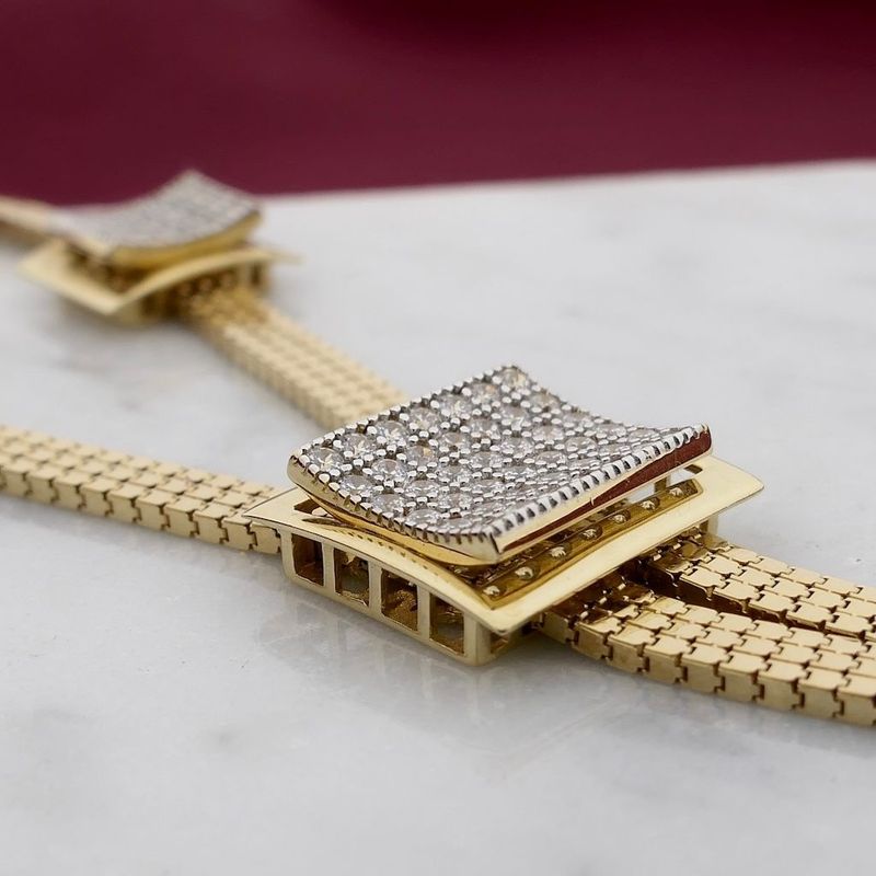 Image 2 of Gold Flat Snake Link Necklace with Zirconia