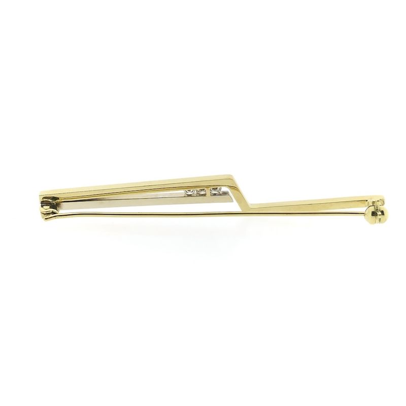 Image 7 of Two-tone gold long narrow brooch with diamonds; 0.15 ct.