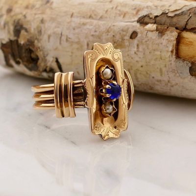 Image 2 of 18K Vintage Gold Ring with Pearl and Blue Zirconia