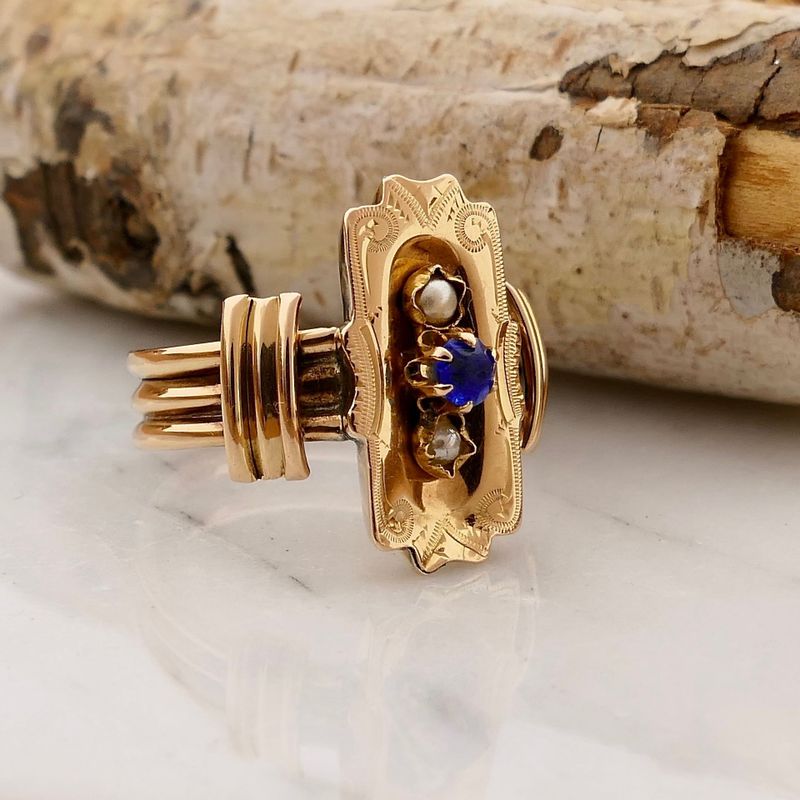 Image 2 of 18K Vintage Gold Ring with Pearl and Blue Zirconia
