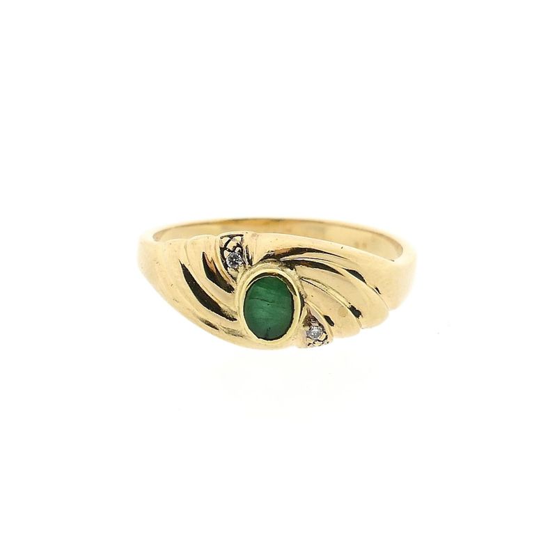 Image 3 of Gold Ring with Emerald & Zirconia; 14 Karat; Size 19