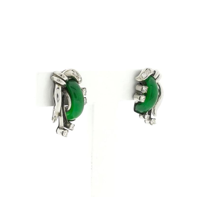 Image 3 of White gold stud earrings with jade and diamond; 0.38 ct.