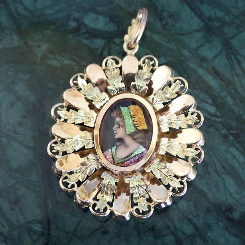 Image 2 of Vintage two-tone gold pendant with enamel portrait
