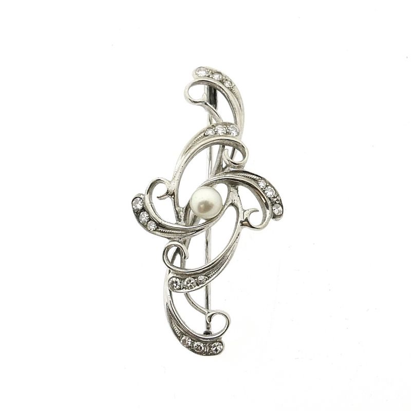 Image 1 of White gold Art Nouveau brooch set with pearl and diamond; 0.27 ct.