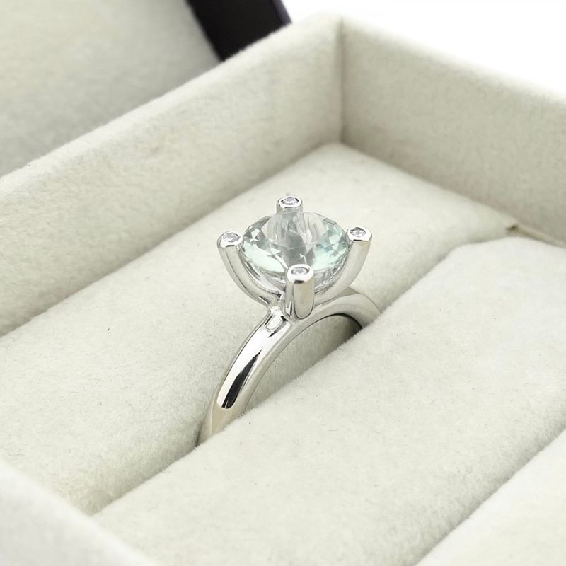 Image 1 of White gold 'Phlox' ring set with aquamarine and diamonds; Bron Jewelry