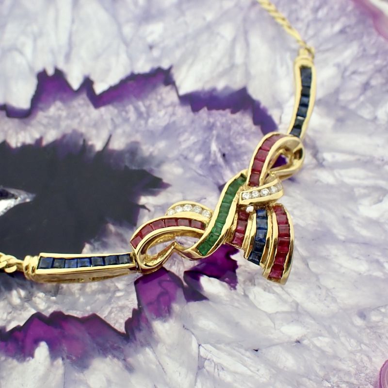 Image 2 of 18K gold necklace with sapphire, emerald, ruby, and diamonds (0.055 ct.) | 42 cm