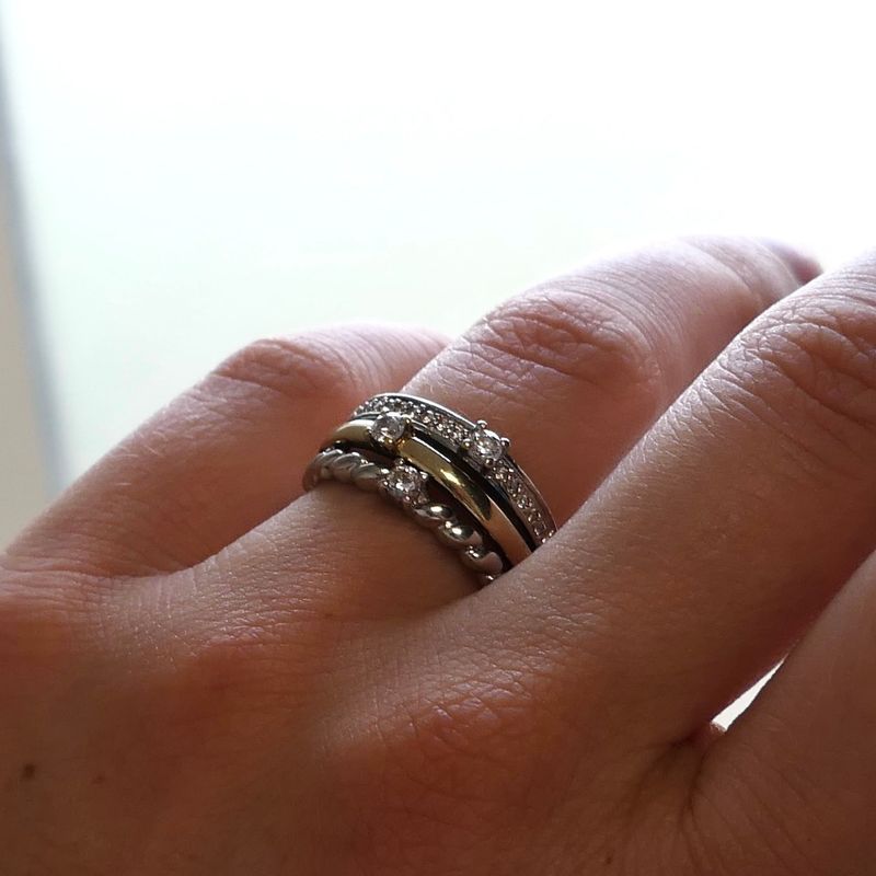 Image 8 of Bicolor Gold and Silver Ring with Zirconia; 14 Karat; Size 18