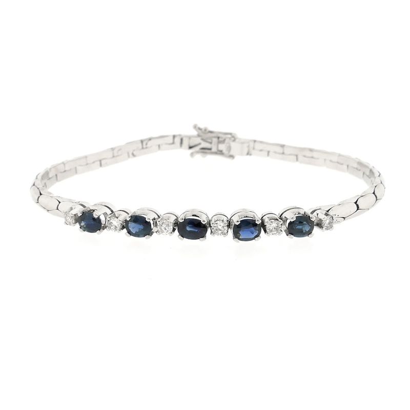 Image 3 of White gold cobra link bracelet with sapphire and diamond; 0.24 ct.