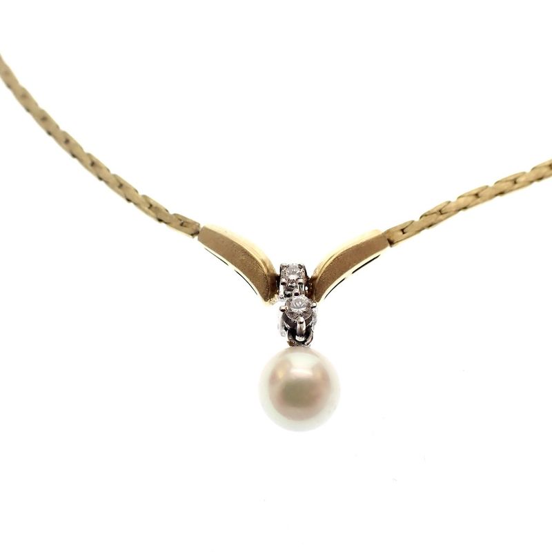 Image 2 of Gold matte ladies' necklace with pearl and diamonds; 0.12 ct.